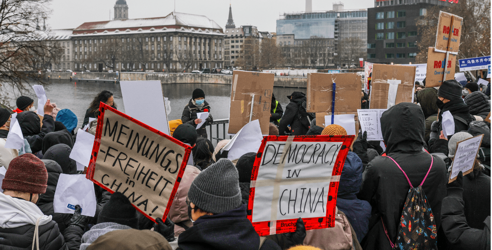 Demonstrators protest in front of the Chinese Embassy in solidarity with protesters in China on December 3, 2022 in Berlin, Germany